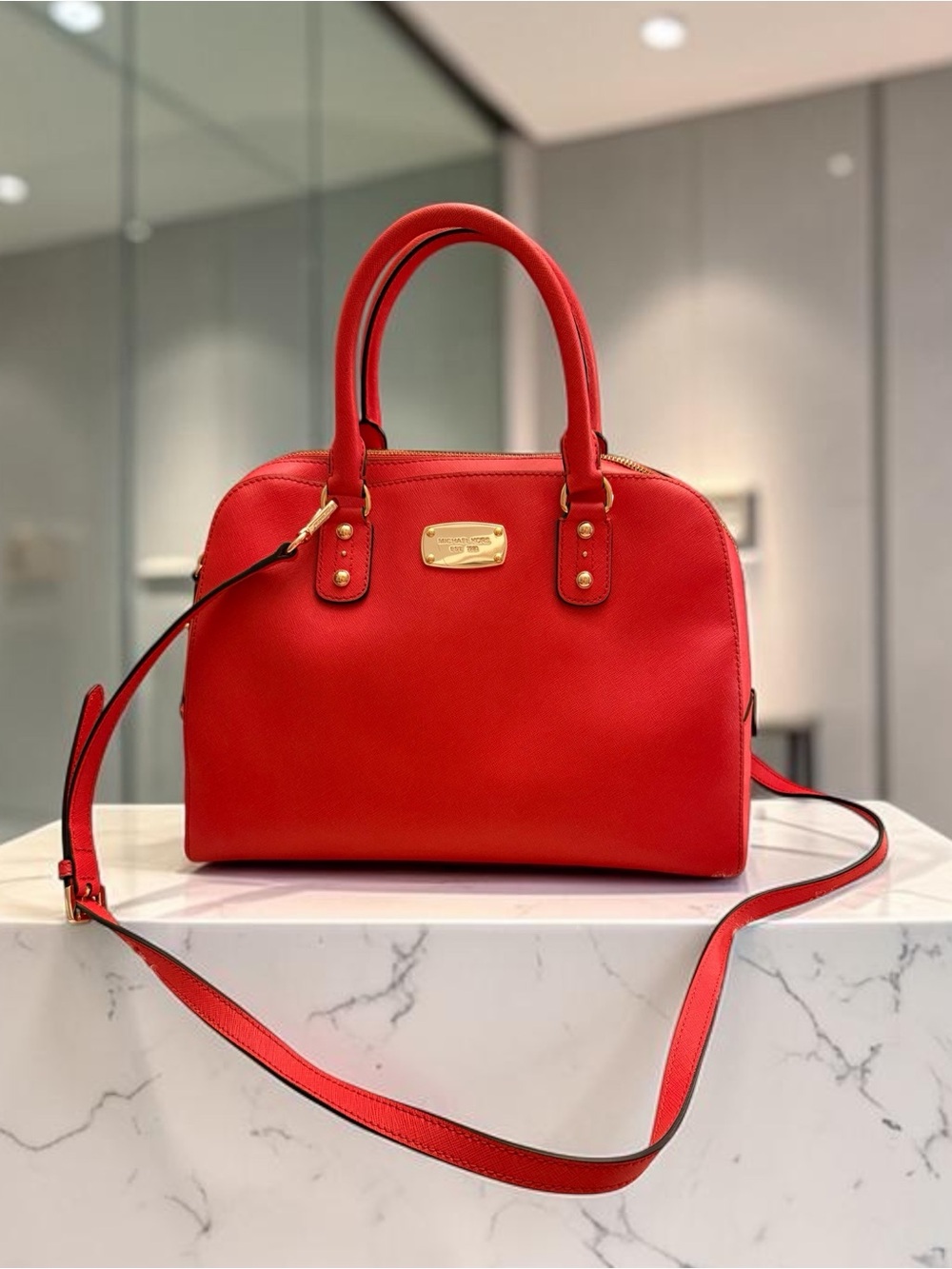 Michael Kors Large Coral Saffiano Leather Dome Satchel Work Bag/Lovely Preowned